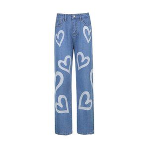 High Waisted Straight Leg Denim Jeans with Hearts y2k